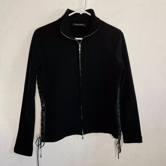 Bruno Manetti Full Zip Moto Sweater Jacket Women Size M Black Side Lace Up Italy - Picture 1 of 10